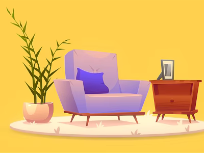 Cozy Purple Single Sofa with Blue Cushion beside Potted Plant Side Table and Photo Frame 3d model