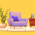 Cozy Purple Single Sofa with Blue Cushion beside Potted Plant Side Table and Photo Frame