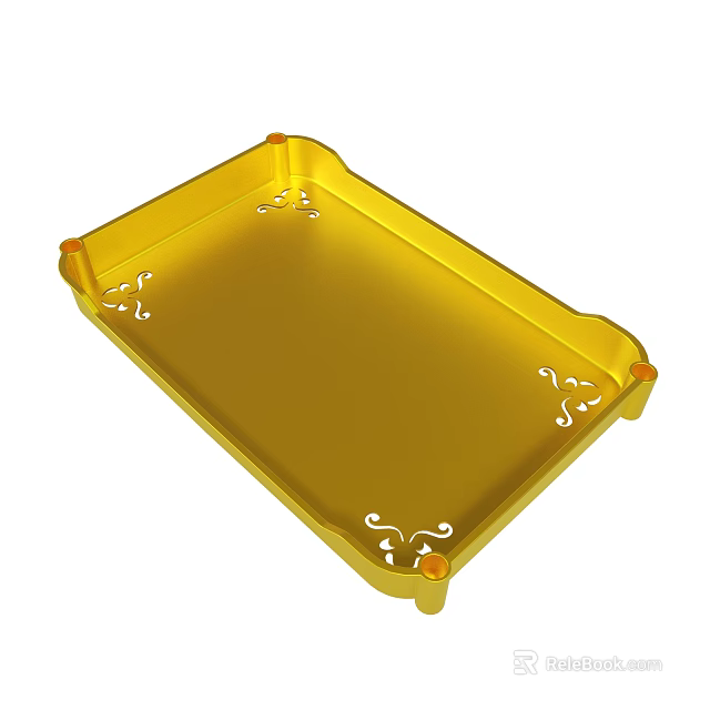 Elegant Golden Rectangular Tray Featuring Orange Corners And White Decorative Patterns 3d model 