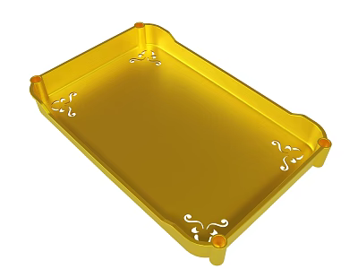 Elegant Golden Rectangular Tray Featuring Orange Corners And White Decorative Patterns 3d model