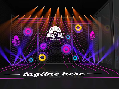 Music Stage with Orange Purple Lights and Colorful Circles on Mesh Background and Neon Lines 3d model