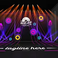 Music Stage with Orange Purple Lights and Colorful Circles on Mesh Background and Neon Lines