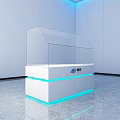 Modern Transparent Glass Display Cabinet with White Base and Blue Lighting in Sleek Indoor Space