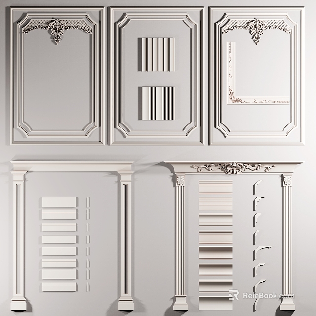 White Decorative Architectural Components Featuring Ornamental Lines Carved Details And Louvered Panels 3d model 