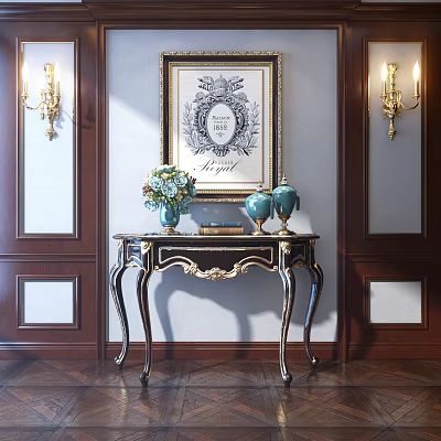 Elegant Classic Entryway Console Table With Golden Accents Wall Sconces Decorative Painting Blue Vases 3d model