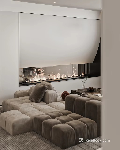 Cozy Beige Sectional Sofa in Modern Living Room With Fireplace And Decorative Pillows 3d model 