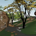 Natural Outdoor Children's Playground With Slide Climbing Frame Trees And Green Lawn
