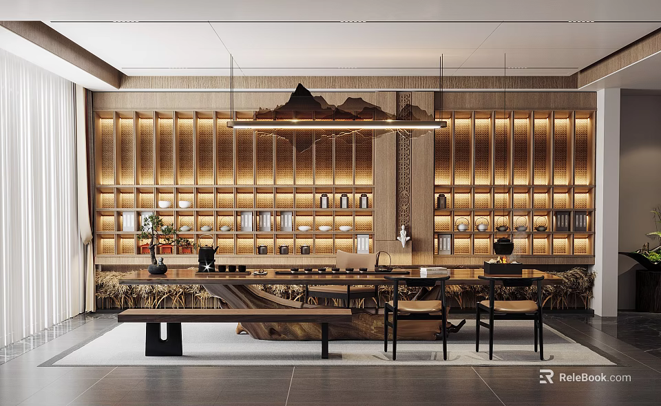 Traditional Chinese Tea Room Interior Design With Wooden Shelves Long Tea Table And Decorative Art 3d model 