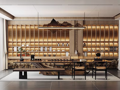 Traditional Chinese Tea Room Interior Design With Wooden Shelves Long Tea Table And Decorative Art 3d model