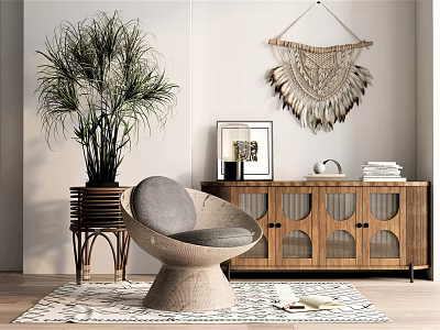 Stylish Wooden Entryway Side Cabinet with Glass Doors Plant Chair Rug and Macrame Wall Hanging 3d model