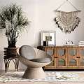 Stylish Wooden Entryway Side Cabinet with Glass Doors Plant Chair Rug and Macrame Wall Hanging