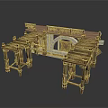 Traditional Wooden Architectural Structure With Detailed Carved Lattice And Matching Tables Chairs