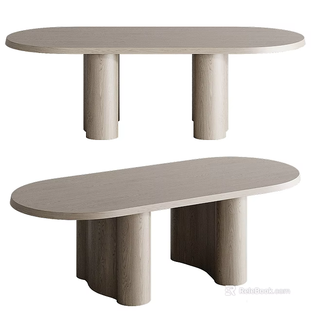 Modern Wooden Dining Table With Oval Tabletop And Cylindrical Legs 3d model