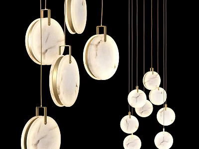 Elegant Modern Circular Chandeliers In Different Sizes With Marble Shades And Golden Metal Frames 3d model
