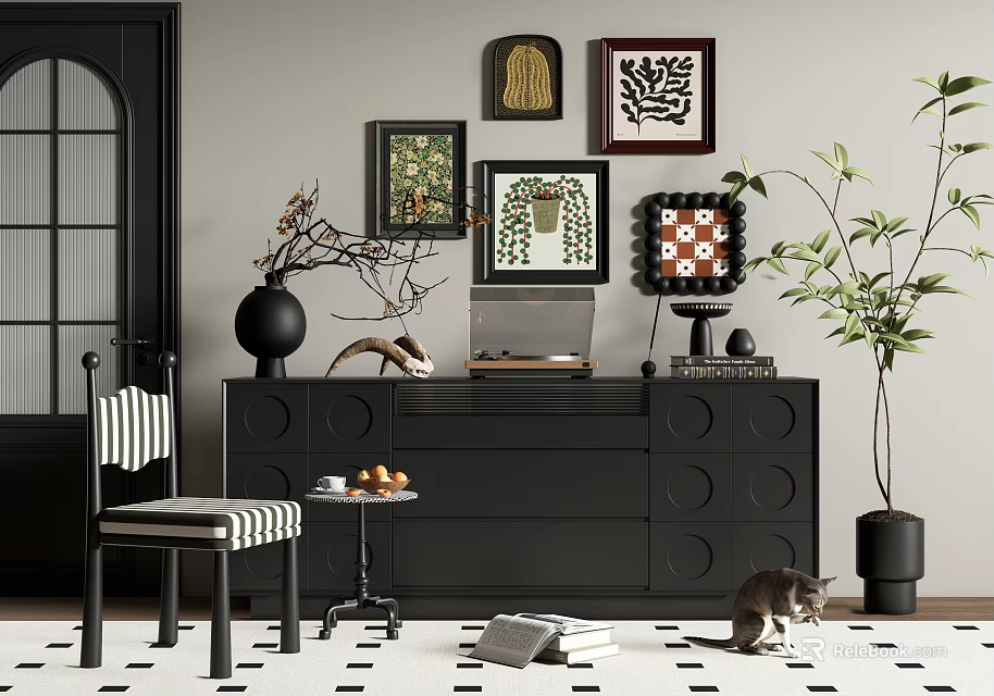 Modern Console Cabinet with Framed Art Decor Side Chair and Potted Plant on Patterned Floor 3d model 