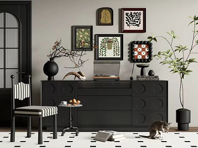 Modern Console Cabinet with Framed Art Decor Side Chair and Potted Plant on Patterned Floor 3d model