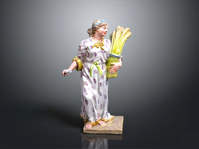 Decorative Ceramic Female Sculpture with Patterned Dress Head Ornament and Plant Bundle 3d model