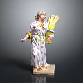 Decorative Ceramic Female Sculpture with Patterned Dress Head Ornament and Plant Bundle