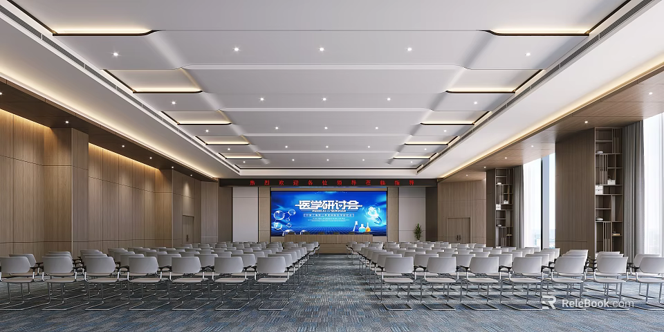 Spacious Modern Conference Room Interior With Arranged Chairs And Large Screen 3d model 