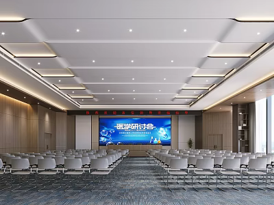 Spacious Modern Conference Room Interior With Arranged Chairs And Large Screen 3d model