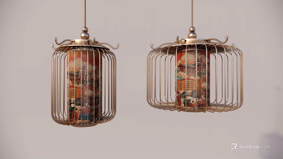 Traditional Chinese Lanterns With Golden Metal Frames And Colorful Decorative Patterns 3d model 