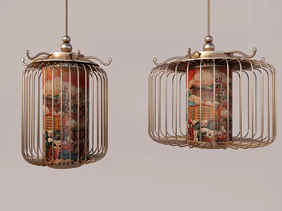 Traditional Chinese Lanterns With Golden Metal Frames And Colorful Decorative Patterns 3d model