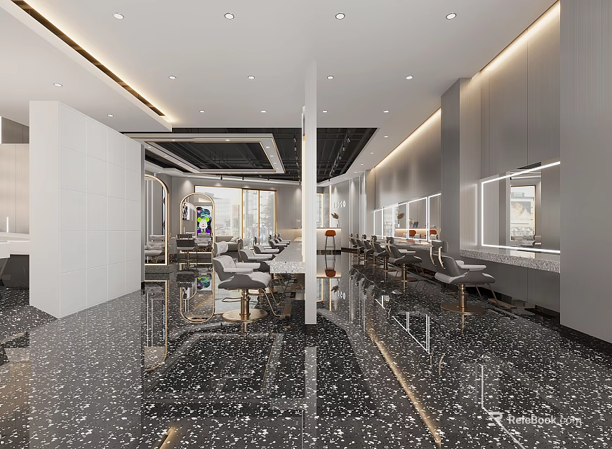 Stylish Modern Beauty Hair Salon Interior With Comfortable Chairs Mirrors And Bright Lighting 3d model 