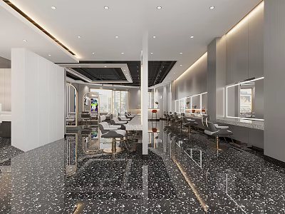 Stylish Modern Beauty Hair Salon Interior With Comfortable Chairs Mirrors And Bright Lighting 3d model