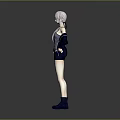 3D Female Character Model With Silver Hair Gray Vest Leather Jacket Shorts And Blue Boots