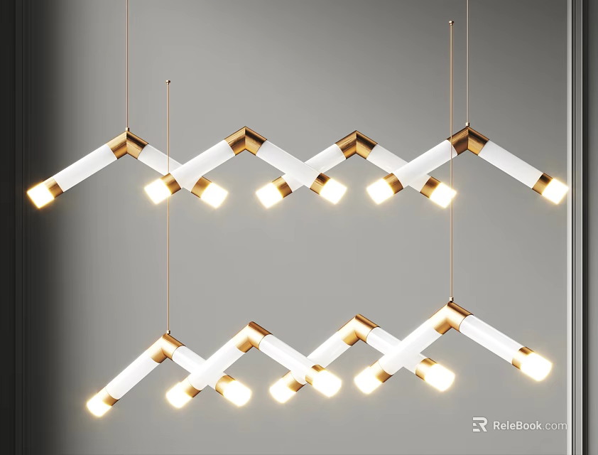 Modern Geometric Chandeliers With Gold White Accents Hanging In Interior Space 3d model 