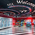 Trendy Play Playground With Red Walls Striped Flooring Neon Welcome And Power Zone