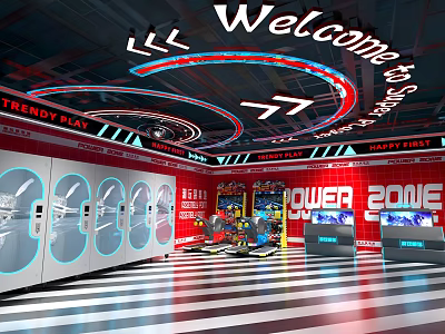 Trendy Play Playground With Red Walls Striped Flooring Neon Welcome And Power Zone 3d model