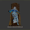 Game Movie Character In Blue Robe Sitting On Ornate Throne With Wide Brimmed Hat