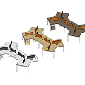 Unique Shape Office Desks With Brown Desktop Blue Partitions Multiple Drawers And Metal Frames