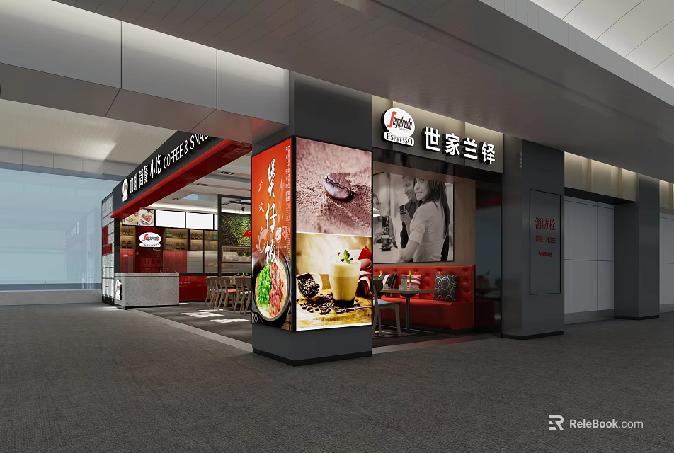 Modern Cafe Exterior Design With Food Display And Cozy Interior Seating 3d model 