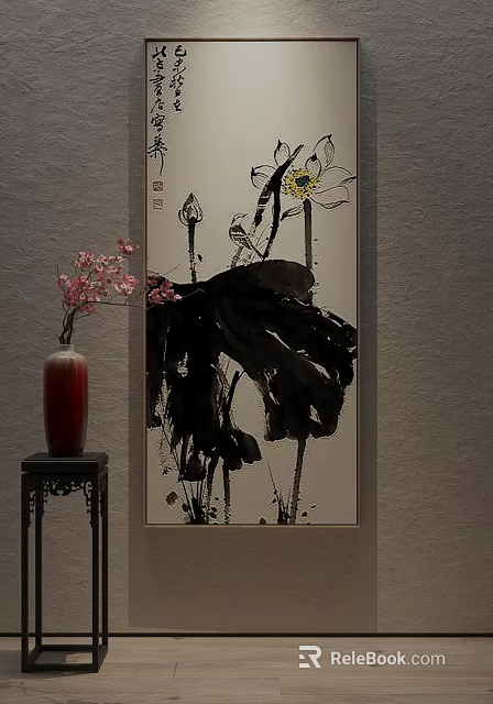 Traditional Chinese Ink Painting Of Lotus With Red Vase Pink Flowers And Black Table 3d model 