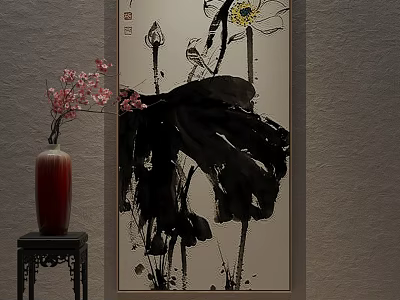 Traditional Chinese Ink Painting Of Lotus With Red Vase Pink Flowers And Black Table 3d model