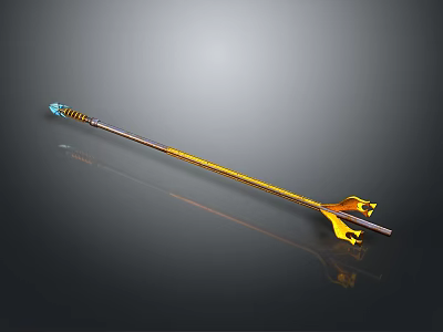Yellow Shaft Spear With Blue Decorative Tip And Forked Metallic Base 3d model