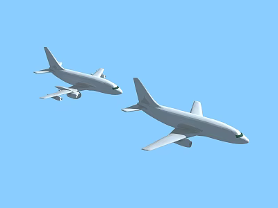 Two Passenger Jets Flying Together Through Bright Blue Sky During Day 3d model