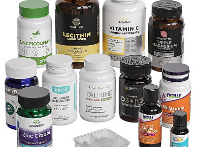 Assorted Dietary Supplement Bottles With Vitamin C Zinc Taurine And Pill Case 3d model