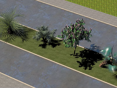 Lush Arbor In Green Lawn Along Pavement With Shrubs And Palm Plants 3d model