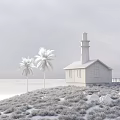 Pink Detached Villa by the Seaside with Two Palm Trees and Red Lighthouse Near Ocean