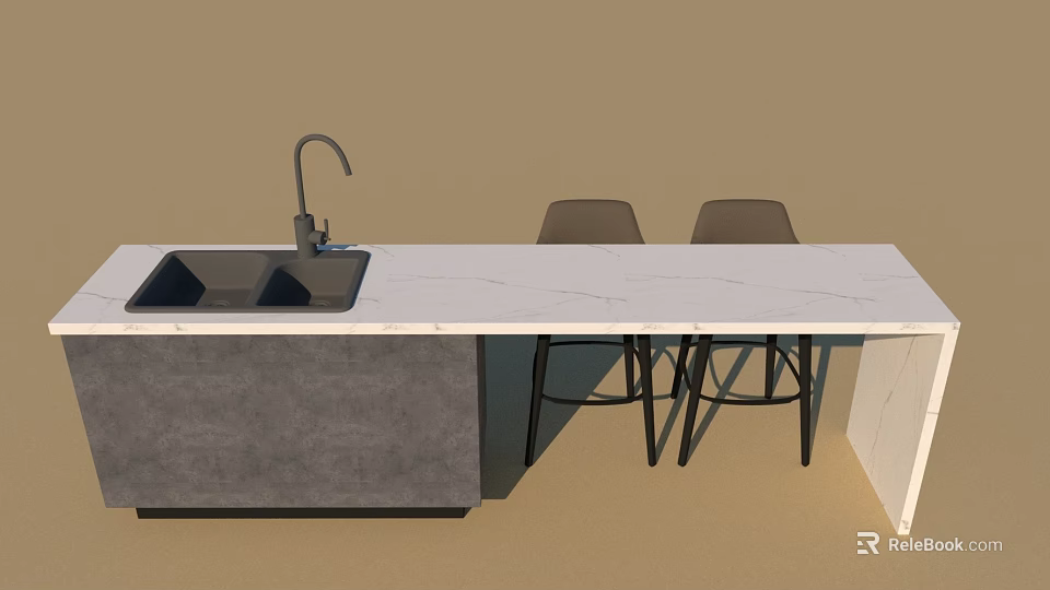 Modern Dining Table Set With White Countertop Gray Cabinet Double Sink And Black Bar Stools 3d model