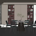 Modern Restaurant Interior With Dining Table Chairs Bookshelf And Marble Wall Design