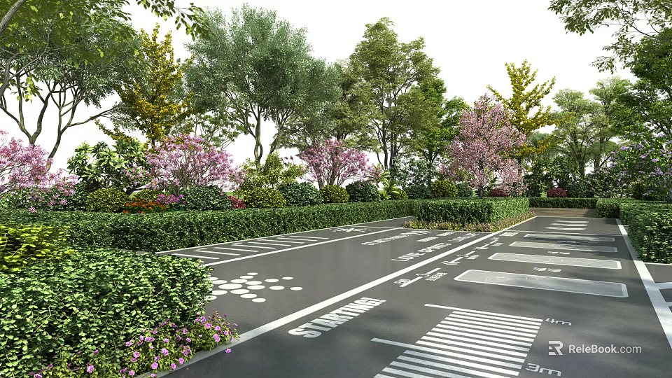 Garden Landscape Design With Paved Pathway Flowering Trees Trimmed Hedges And Colorful Flowers 3d model 