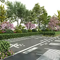 Garden Landscape Design With Paved Pathway Flowering Trees Trimmed Hedges And Colorful Flowers