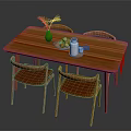 Wooden Dining Table Set with Four Chairs Green Table Runner and Fruit Plate