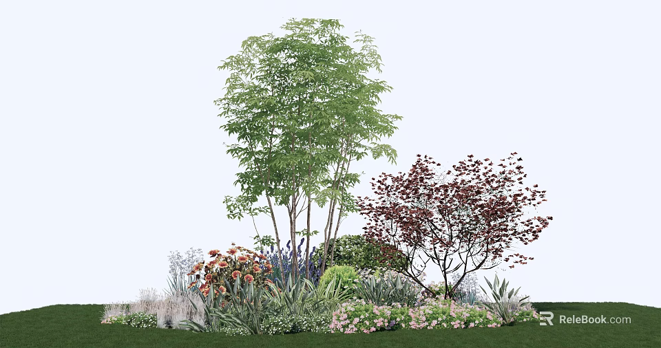 Lush Green Shrubs With Red Leaf Trees And Colorful Flowers In Garden Landscape 3d model 