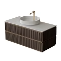 Modern Bathroom Vanity with White Countertop Round Vessel Sink Gold Faucet Dark Vertical Stripes Cabinet