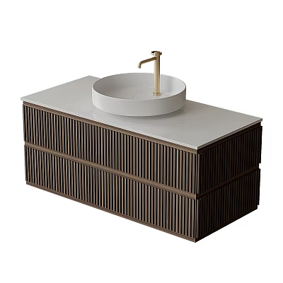 Modern Bathroom Vanity with White Countertop Round Vessel Sink Gold Faucet Dark Vertical Stripes Cabinet 3d model